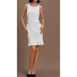 FEHAUTE White Sleeveless Sheath Dress with Black Trim and Ruffle Hem Size 8